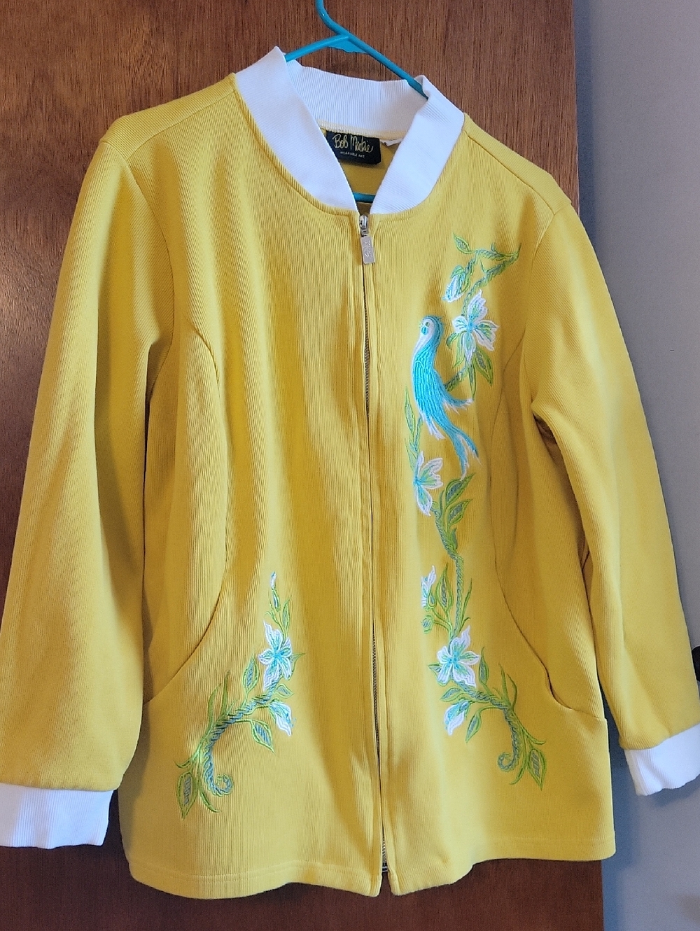 Bob Mackie Yellow Zip-Front Jacket with Turquoise Bird Embroidery 2X